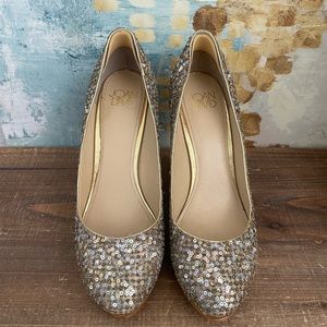 JOAN & DAVID Gold Sequin Platform Heels